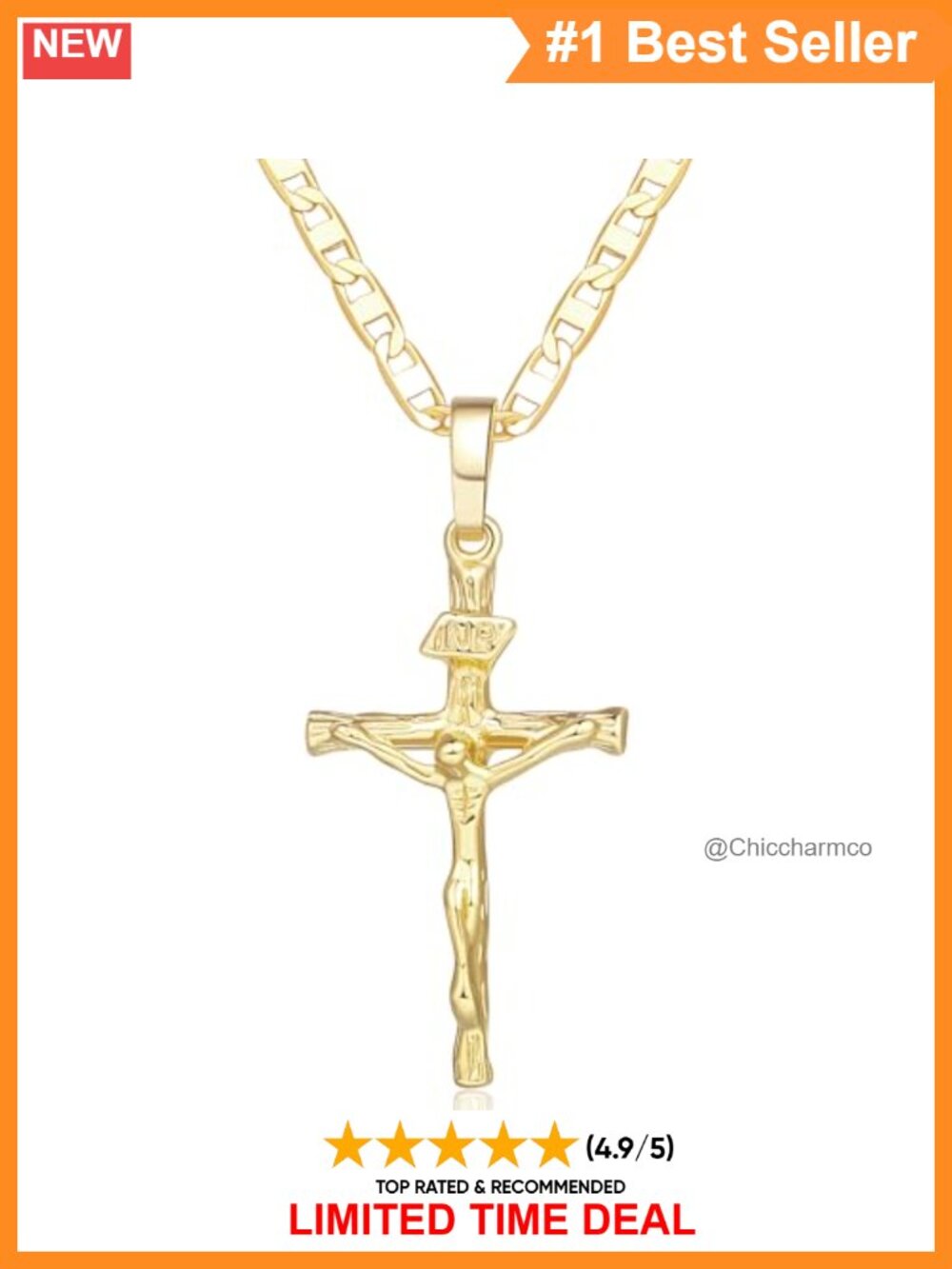 14K Gold Cross Necklace Mariner Chain Pendant